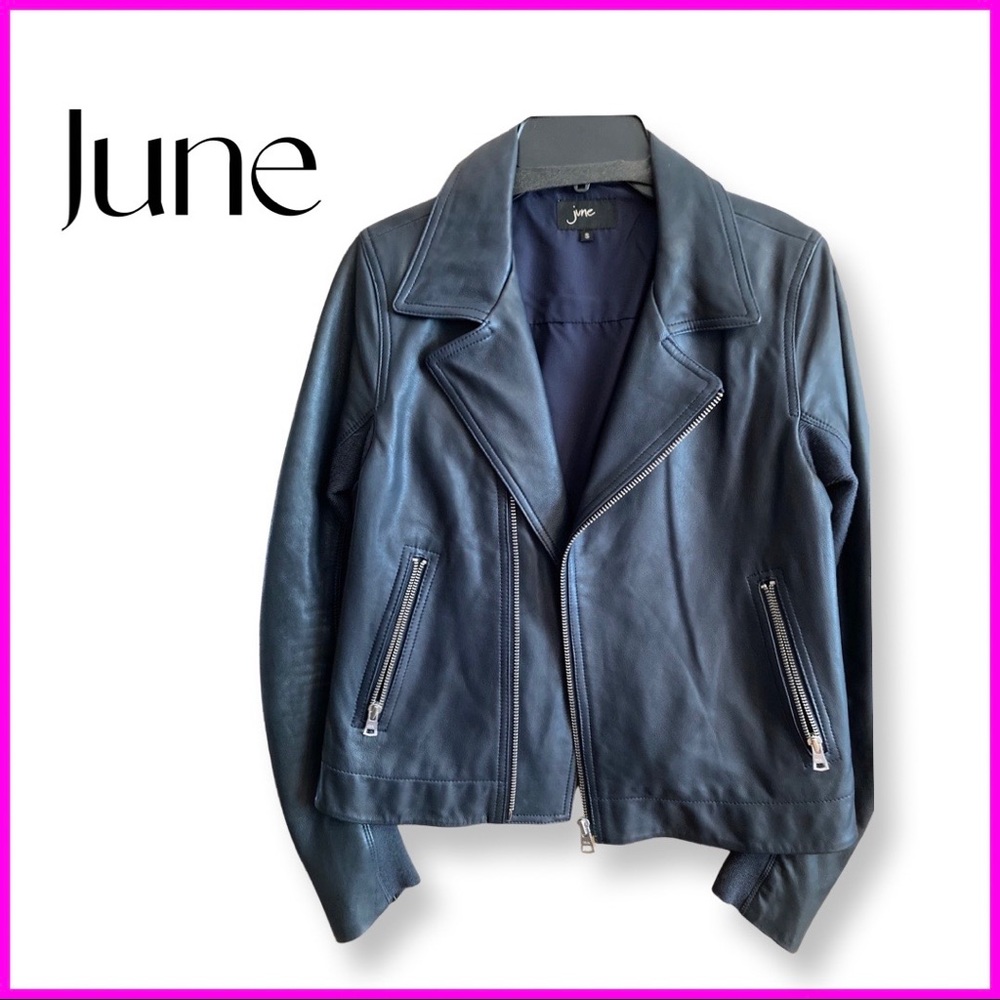 EUC June Anthropologie Dark Blue Genuine Leather Jacket Size Small
